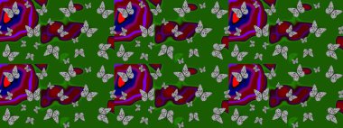 Kelebekli çizim şekli. Kumaş, kağıt, ambalaj kâğıdı ve duvar kağıdı tasarımı için hoş bir arka plan. Yeşil ve gri.