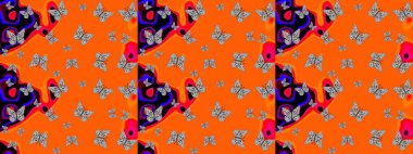 Çocuk kelebek çizim kalıbı. Çocuk için Raster Moda Kelebekleri duvar kağıdı. Turuncu ve gri arka planda güzel renkli kelebekler.