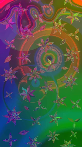 Çiçek desenli çizim. Raster illüstrasyonu. Asya tekstil tarzında. Yeşil ve mavi renkte çiçekler. Raster illüstrasyonu.