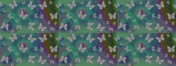 Çocuk kelebek çizim kalıbı. Kağıt, kumaş, ambalaj kağıdı ve duvar kâğıdı tasarımı için hoş bir arkaplan. Yeşil ve mavi renkli sanat kelebekleri. Raster..