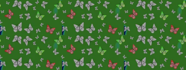 Renkli kelebeklerin eskiz geçmişi. Ambalajlar, duvar kağıtları, kumaş tasarımı ve kağıt için güzel bir arka plan. Yeşil ve gri üzerinde sevimli kelebekler. Raster illüstrasyonu.