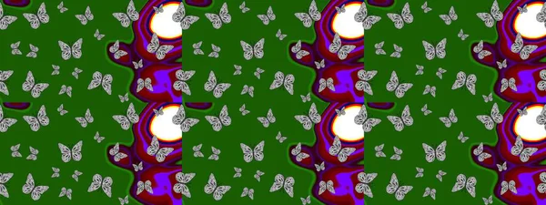 Egzotik Kelebekli Tropik çizim modeli. Moda Kumaşı Tasarımı. Yeşil ve gri renkli bir resim. Raster..
