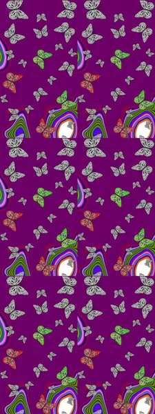 Kelebek görüntüsü. Raster illüstrasyonu. Basit bir şekilde. Tropik kelebek çizimi deseni mor ve gri renklerde. Çiz, çiz, çiz.