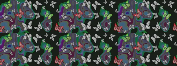 Gri ve yeşil soyut suluboya kelebekleri olan yumuşak bir deniz mavisi deseni. Yazdırmayı tekrarla. Sonsuz. Raster illüstrasyonu.