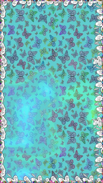 Raster illüstrasyonu. Tropikal temalı kelebek deseni. Tekstil, duvar kâğıtları, web sayfası arkaplanları ve yüzey dokuları için mükemmel. Mavi ve yeşil renkli şirin kelebek deseni..