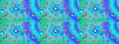 Kumaş desenli papatya çiçeği detayı. Mavi ve yeşil renkte çiçekler.