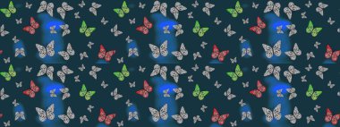 Raster Kelebekleri deseni. Soyut eskiz arka planı. Güzel bir kumaş tasarımı. Mavi ve gri renkler üzerine resim.
