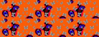 Farklı yönlere uçan renkli kelebek koleksiyonu. Kızlar, erkekler, elbiseler, duvar kağıtları için soyut çizim kalıpları. Raster illüstrasyonu.