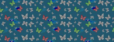 Raster Kelebekleri deseni. Soyut eskiz arka planı. Mavi ve gri renkli resimler tropikal kelebeklerle birlikte. Duvar kağıtları, web sayfası arkaplanları, yüzey dokuları, tekstil için mükemmel..
