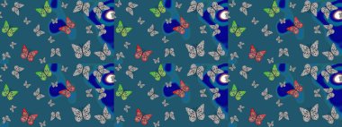 Mavi ve gri renkte soyut sevimli kelebek. Eskiz kalıbı arka planı. Raster illüstrasyonu. Basit bir şekilde.