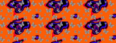 Kızlar, erkekler, elbiseler, duvar kağıtları için soyut çizim kalıbı. Kelebek, kanat, neon renkli yaratıcı raster arka plan. Tekstil ve kumaş için komik kelebek deseni. Moda tarzı.