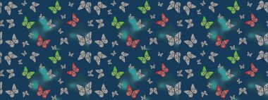 Mavi ve gri renkte renkli kelebeklerin eskiz arkaplanı. Tekstil, duvar kâğıtları, web sayfası arkaplanları ve yüzey dokuları için mükemmel. Raster illüstrasyonu.