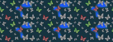 Mavi ve gri arka planda uçan güzel kelebek. Doğadaki güzellik. Kumaş, tekstil, baskı ve davetiye örnekleri. Çizim kalıbı. Raster..
