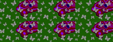 Soyut renkli güzel kelebek. Eskiz geçmişi. Yeşil ve gri renklerin çizimi. Raster illüstrasyonu.