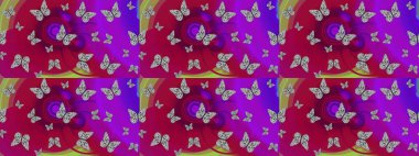 Mor ve mor kelebek desenleri. Parmak izi dokuları için sevimli kelebek çizimi deseni. Giysi tasarımı için dekor arka planı. Raster illüstrasyonu.