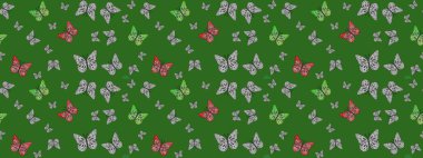 Yeşil ve gri arka planda kelebek desenli çizim. Kumaş, kağıt, ambalaj kâğıdı ve duvar kağıdı tasarımı için hoş bir arka plan. Raster illüstrasyonu.