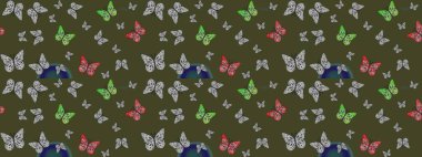 Şirin kelebek yeşil ve gri raster desenli. Giysi tasarımı için dekorasyon. Çizim.