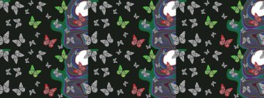 Raster Kelebekleri deseni. Soyut eskiz arka planı. Güzel bir kumaş tasarımı. Gri ve yeşil renkler üzerine resim.