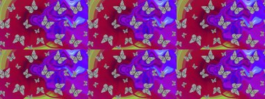 Farklı renkte kelebeklerin çizimi. Fantezi renkli resimler koleksiyonu. Giysi tarzı için mor ve mor arkaplan üzerine dekorasyon. Tasarım için Raster Kelebekleri. Raster illüstrasyonu.