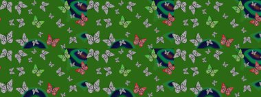 Yeşil ve gri arka planda renkli kelebeğin çizim şekli. Yeşil ve gri renkli resim. Karala, karala, karala. Raster..