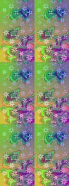 Çocuksu tasarım. Yeşil ve nötr arkaplanda. Tekstil, kumaş, ambalaj, hatıra defteri için hoş bir çiçek arkaplanı. Elle çizilmiş karalama çiçekleri ile Raster çizim deseni.