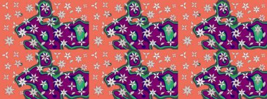 Raster illüstrasyonu. Çiçek. Taslak dekoratif arka plan, çiçek mandala. Turuncu ve mor renklerde.