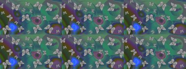 Kelebeklerle dolu renkli bir halk eskizi çizimi. Davetiye, kart ve parmak izi için basit şirin bir model. Yeşil ve mavi arka planda renkli kelebek.