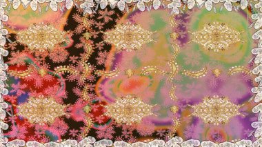 Klasik klasik klasik arka plan. Kusursuz klasik raster altın desenli. Raster illüstrasyonu. Geleneksel oryantasyon süsü. Altın elementlerle bej renklerde pürüzsüz desen.