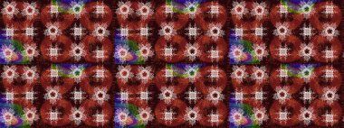 Raster illüstrasyonu. Kahverengi, kırmızı ve nötr renkler. Kar tanelerinin soyut arkaplanlı Noel şablonu. Noel ve Yeni Yıl moda baskıları için tatil tasarımı.