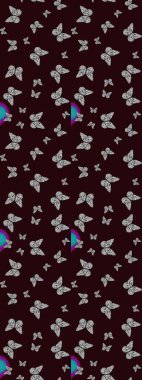 Kahverengi ve gri arka planda renkli kelebek koleksiyonu. Kağıt, kumaş ve ambalaj için uygun. Kart, baskı ve davetiye için basit kadınsı bir model. Robot resim. Raster illüstrasyonu.