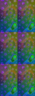 Suluboya elle çizilmiş çiçek desenli eskiz deseni. Parlak renkli fantezi çiçekleri, yapraklar, yeşil ve mavi renkli tomurcuklar yeşil ve mavi.