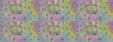 Raster illüstrasyonu. Raster deseni. Patlayan çiçekler soyut olarak yerleştirilmiş. Yumuşak, bahar çiçekleri tarafsız ve yeşil renklerde.