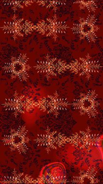 Renkli arka planda izole kar taneleri. Raster illüstrasyonu. Kar taneleri radyal kırmızı, siyah ve kahverengi renkler.