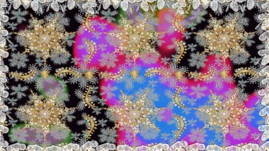 Geleneksel oryantasyon süsü. Klasik klasik klasik arka plan. Gri renklerde, altın elementlerle kusursuz desen. Raster illüstrasyonu. Kusursuz klasik raster altın desenli.