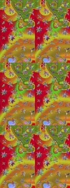 Raster illüstrasyonu. Yeşil ve kahverengi renkli Asya tekstili. Suluboya çiçekli çiçek deseni.