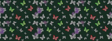 Mavi ve gri arka planda kelebek desenli çizim. Kumaş, kağıt, ambalaj kâğıdı ve duvar kağıdı tasarımı için hoş bir arka plan. Raster illüstrasyonu.