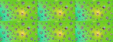 Raster illüstrasyonu. Çiçek buketleriyle klasik bir eskiz şekli. Yeşil ve sarı renklerde.