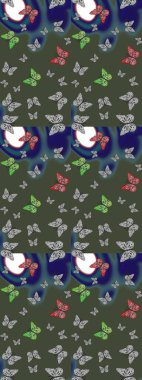 Yeşil ve mavi arka planda kelebekler. Kelebekli tasarım. Robot resim. Çizim, karalama, karalama. Sonsuz. Raster illüstrasyonu.