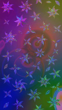 Çiçekli karalama şeklinde Raster çiçek deseni. Yumuşak, bahar çiçekli arka plan. Mavi ve mor renkte çiçekler.