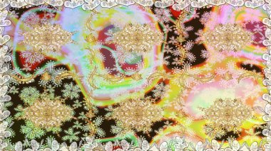 Damask altın soyut çiçek nötr renklerde pürüzsüz desen. Süslü dekorasyon. Raster illüstrasyonu.