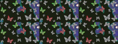 Raster çiçek desenli kelebek deseni. Kağıt, kumaş ve ambalaj için uygun. Gri ve mavi renkli illüstrasyon.