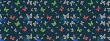 Kızlar, erkekler, elbiseler, duvar kağıtları için soyut çizim kalıbı. Kelebek, kanat, neon renkli yaratıcı raster arka plan. Tekstil ve kumaş için komik kelebek deseni. Moda tarzı.