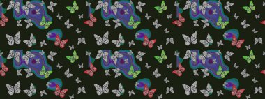 Renkli kelebeklerin güzel arka planı. Elle çizilmiş illüstrasyon. Kıyafetler, erkekler, kızlar ve duvar kağıtları için soyut çizim kalıbı. Raster..
