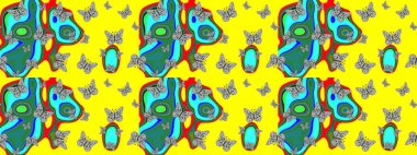 Kelebek deseni. Sarı ve mavi arkaplanda bir resim. Kumaş, tekstil, baskı ve davetiye örnekleri. Robot resim. Raster..