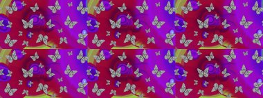 Butterflies pattern. Illustration on purple and violet background. Pattern for fabric, textile, print and invitation. Sketch. Raster.