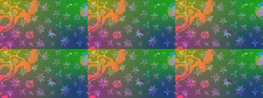 Yeşil ve mavi, yeşil ve maviye. Çiçekli ipek eşarp. 1950-1960 motifleri. Retro tekstil tasarım koleksiyonu. El çizimi çiçek elementleri ile soyut çizim raster deseni.