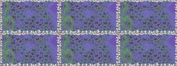 Menekşe rengi kelebekler ve mavi şirin bir arka plan. Kağıt, kumaş ve ambalaj için uygun. Raster. Kusursuz desen.