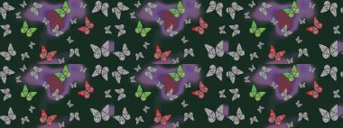 Mavi ve gri arka planda kelebekler. Kelebekli tasarım. Robot resim. Çizim, karalama, karalama. Sonsuz. Raster illüstrasyonu.