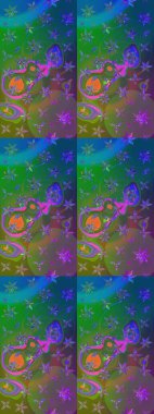 Parlak çiçekli yeşil ve mavi renkler üzerine soyut çizim deseni. Çiçeksel elementlerle süslenmiş zarif raster dokusu. Küçük çiçekte şirin bir çiçek deseni var..