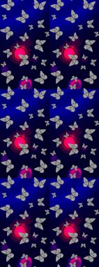 Çocuk kelebek çizim kalıbı. Çocuk için Raster Moda Kelebekleri duvar kağıdı. Siyah ve mavi arka planda güzel renkli kelebekler..